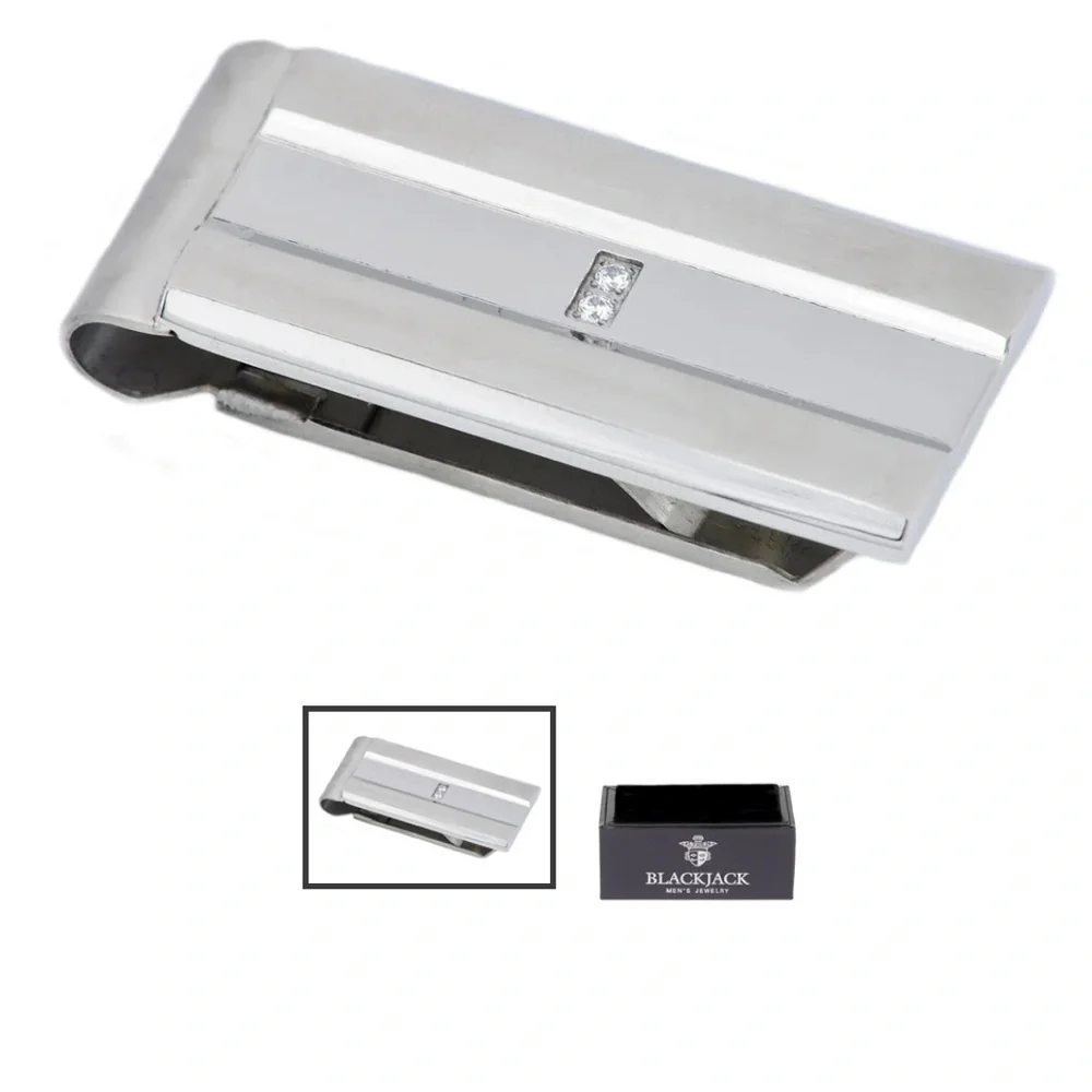 Mens Stainless Steel Money Clip With Cubic Zirconia
